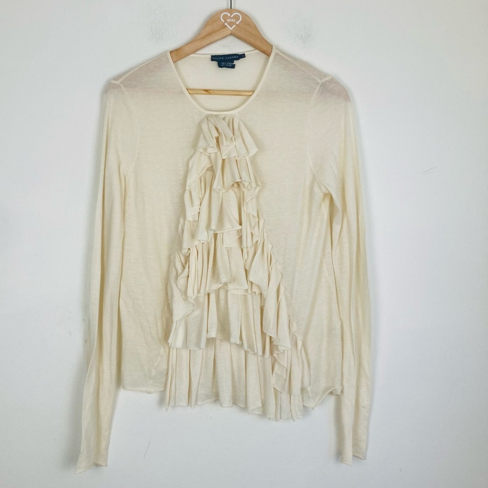 Ralph Lauren ultra fine knit semi-sheer ivory knit long sleeve ruffle top. Large - Picture 2 of 4